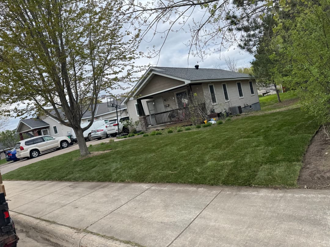 Residential house with fresh green lawn and trees, parked cars visible on a quiet street.